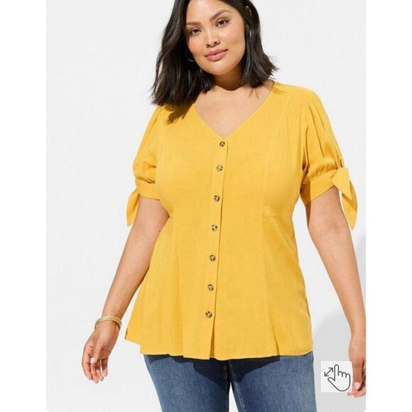 Torrid Top Women 2X Yellow Slub Button Up Tie Sleeve Boho Western Farmhouse - Picture 1 of 11